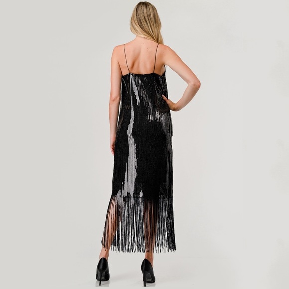 COCKTAIL HOUR BLACK GLIMMER SEQUINS FRINGE MAXI DRESS (1524) - Picture 5 of 6
